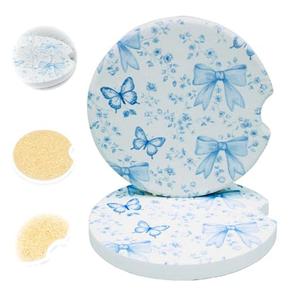 Ceramic Car Coasters, 2 Pack, 2.64" Absorbent Car Cup Holder Coasters, Cute Ceramic Car Coasters for Women, Blue Butterfly & Bow Pattern - color: Blue Butterfly Bow