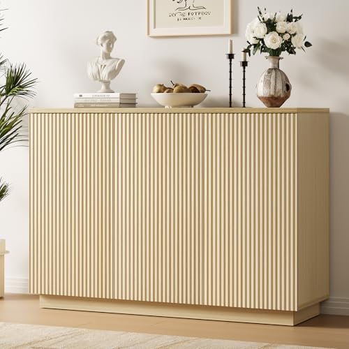 Sideboard Buffet Cabinet with Storage - 47" Fluted Coffee Bar Cabinets Credenza with Adjustable Shelves, Accent Buffets & Sideboards Console, Wood Side Board for Living Room, Kitchen, Entryway - color: Natural Wood