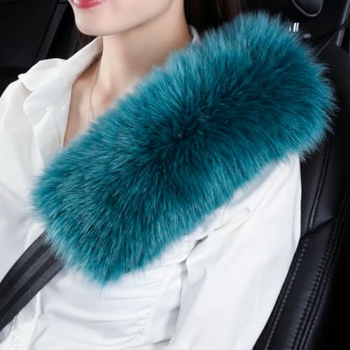 OGLAND Genuine Sheepskin Soft Fuzzy Car Seat Belt Pad,2 Pack Fluffy Seat Belt Cover for Shoulder Pad Neck Cushion Protector Car Accessories (Peacock Blue, Long Wool) - color: Peacock Blue, size: Long Wool