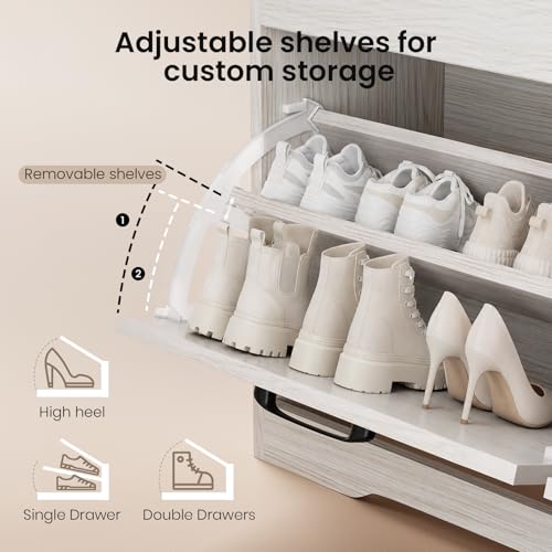39" Shoe Storage Bench with Padded Seat Cushion & Lift Top Storage Box & 2 Flip Drawers, Small Entryway Shoe Rack Bench with 2 Doors and Adjustable Shelf, Shoes Cabinet for Hallway, Living Room, White