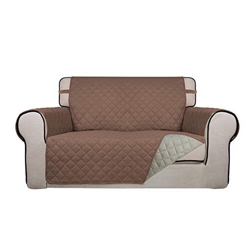PureFit Reversible Quilted Sofa Cover, Water Resistant Medium Slipcover Furniture Protector, Washable Couch Cover with Non Slip Foam and Elastic Straps for Kids, Dogs, Pets (Loveseat, Brown/Beige) - color: Brown/Beige, size: Medium