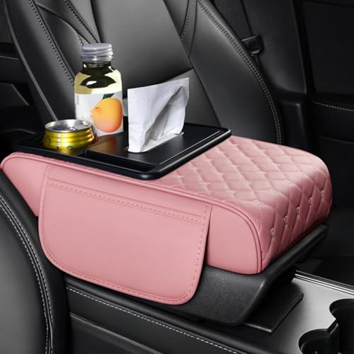 5-in-1 Center Console Cover Organizer Armrest Cover Cushion Pad with Cup Holder, Storage Pocket and Tissue Holder for Car, Grid, Rose-Tinted - color: rose-tinted, size: Grid