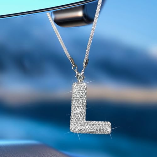 Bling Car Accessories for Women Letter Charm, Rear View Mirror Ornament Cute Hanging Crystal Pendant Girl Car Decorations, Lucky Diamond Rhinestone Girly Charm Interior (White L) - color: White L
