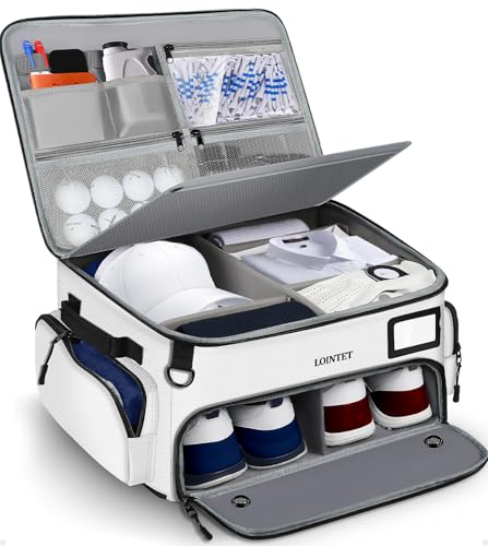 LOINTET Golf Trunk Organizer, Waterproof Car Golf Locker with Separate Ventilated Compartment for 2 Pair Shoes, Golf Storage for Balls, Tees, Cap, Clothes, Gloves, Accessories, Gifts for Men, Women - color: White