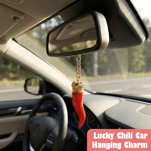 Italian Red Horn with Gold Chain Keychain – Keys & Fobs Great Chili Pepper Charm Rear View Mirror for Good Luck & Protection