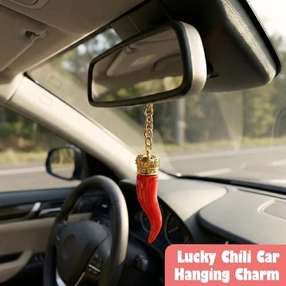 Italian Red Horn with Gold Chain Keychain – Keys & Fobs Great Chili Pepper Charm Rear View Mirror for Good Luck & Protection