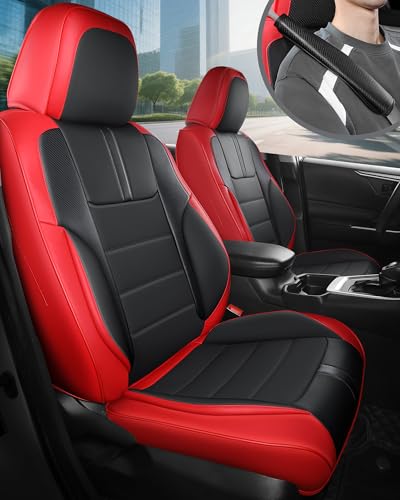 FREESOO Universal Full Seat Covers, Waterproof Faux Leather Automotive Seat Covers with Carbon Fiber Texture Seat Belt Pads, Anti-Slip Airbag Compatible Car Seat Covers for Cars SUVs Trucks - color: Red Black, size: Full Set - 5 Seats