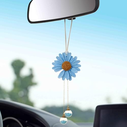 Daisy Car Hanging Ornaments for Women Girls Cute Sunflower Car Rear View Mirror Hanging Charms Automotive Interior Aesthetic Decoration Accessories Gift (Blue) - color: Blue