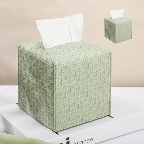 HOMOTEK 2 Pack Tissue Box Cover, Square PU Leather Tissue Holder, Decorative Facial Tissue Cube Paper Organizer Dispenser for Bathroom, Night Stands, Desk, Car 5X5X5'' - Rattan Weave,Mint Green - color: Mint Green, size: Rattan Weave