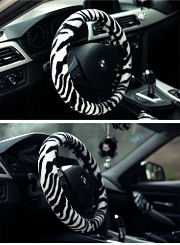 Fluffy Zebra Plush Steering Wheel Cover for Women/Girls/Ladies, Soft Fur Steering Cover for Winter Warm, Universal 15 inch, Black White