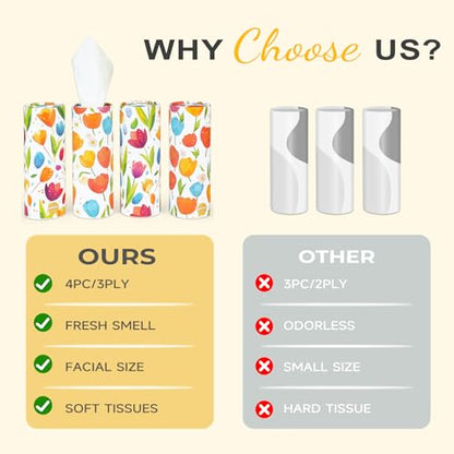 Car Tissue Holder (4 PK) - 50 3-Ply Tissues per Cylinder, Fits Car Cup Holders, Portable Travel Tubes Box Container, Tulip Design, Round Tissue Container for Car Accessories - style: Tulip