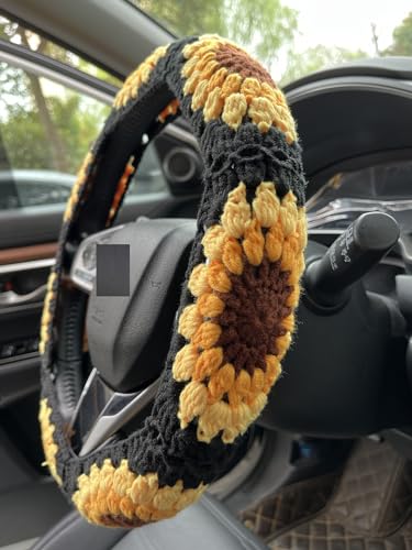 Handmade Crochet Sunflower Car Steering Wheel Covers Universal 14-15 inch for Women and Men (Black:Steering Wheel Cover) - color: Black:Steering Wheel Cover