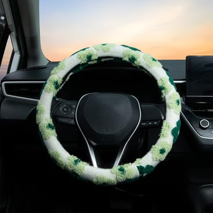 Green Plush Flowers Steering Wheel Cover Auto Jacquard Steering Wheel Protector, Anti-Slip, Breathable, Absorbing Sweat, Universal Car Accessories 14.5–15 inch,Fit for Most Car, Trucks, SUV - style: Green Plush Flowers
