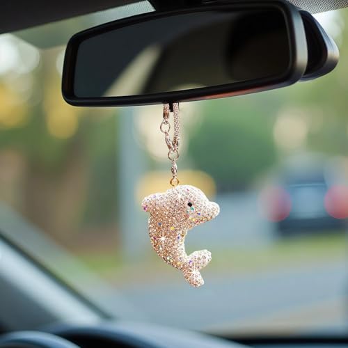 Bling Dolphin Car Hanging Ornament, Cute Crystal Rear View Mirror Pendant, Diamond Rearview Mirror Charms, Lucky Car Interior Decor Accessories (White)