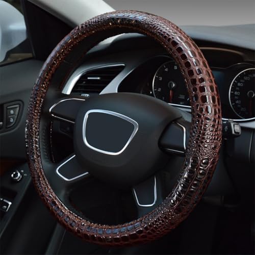 Crocodile Grain Leather Four Seasons Universal Car Steering Wheel Cover Sport Cute Handle Case for Men Auto Interior Accessories, Brown - color: Coffee