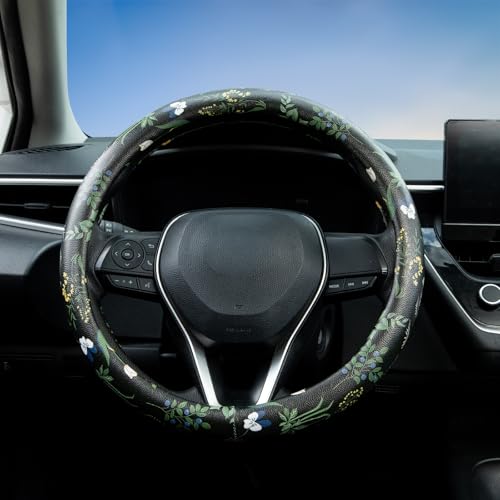 Boho Floral Steering Wheel Cover Auto Leather Steering Wheel Protector, Anti-Slip, Breathable, Absorbing Sweat, Universal Floral Car Accessories 14.5–15 inch,Fit for Most Car, Trucks, SUV - style: Boho Floral