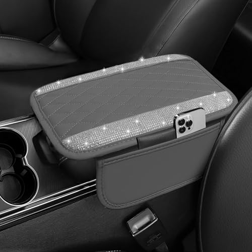 NBTEPEM Bling Grey Car Center Console Cover, Leather Car Arm Rest Cover with 2 Storage Bags, Universal Auto Armrest Protector Storage Box, Bling Accessories Interior for Most Vehicles - color: Grey Leather Diamond