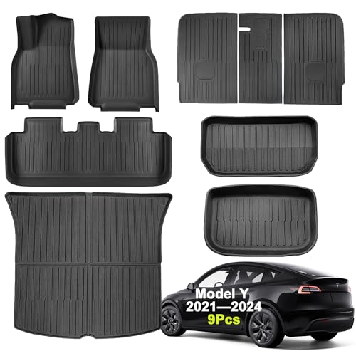 SUPER LINER Tesla Model Y Floor Mats 2021-2024 | Custom Fit All-Weather 9-Piece Set TPE Material |Full Coverage Floor Mats Back Seat Protector, Cargo Liner, Trunk & Interior Accessories - size: For Model Y 2021-2024*9pcs