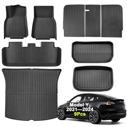 SUPER LINER Tesla Model Y Floor Mats 2021-2024 | Custom Fit All-Weather 9-Piece Set TPE Material |Full Coverage Floor Mats Back Seat Protector, Cargo Liner, Trunk & Interior Accessories - size: For Model Y 2021-2024*9pcs