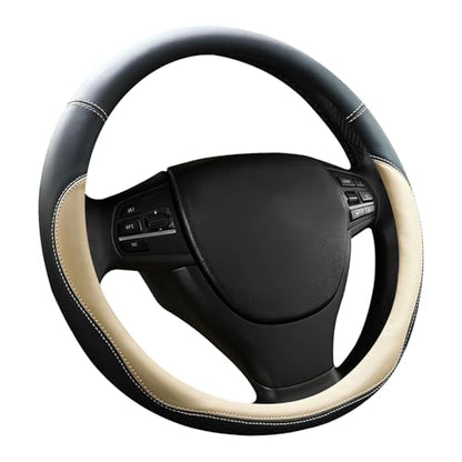 Beige Car Steering Wheel Cover, Nappa Leather, Bottom Color Blocking, Universal 14.5-15 Inch Leather Anti-Slip Breathable Auto Steering Wheel Covers for Men Women - color: Beige