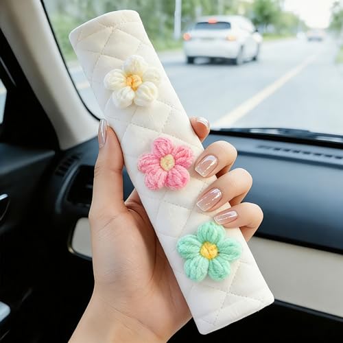 Soft Auto Seat Belt Cover Seatbelt Shoulder Pad Cushions 2 PCS for a More Comfortable Driving Universal Fit for All Cars and Backpack Off-White Knitted Flower (Green & Pink)