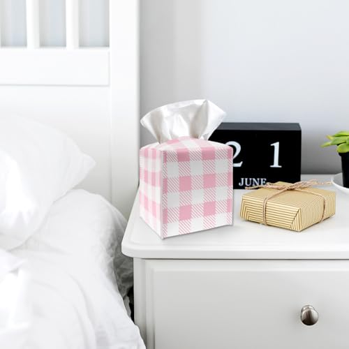 Tissue Box Cover Holder - Pink and White Plaid PU Leather Tissue Box Cover with Bottom Belt, Square Facial Paper Organizer Dispenser for Tabletop, Bathroom, Kitchen, Car & Office -027 - color: Pink and White Plaid