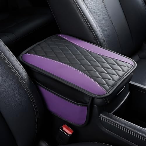 Car Console Covers, Purple Cars Arm Rest Cover Accessories for Women Universal PU Leather Car Armrest Cushion with 2 Storage Pocket for Cars Seats Organizer
