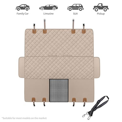 GXT Dog Back Seat Cover Protector for Cars SUV and Trucks with Mesh Window, Scratchproof Nonslip and Waterproof Material - color: Dark Khaki, style: Seat Cover and Dog Seat Belt