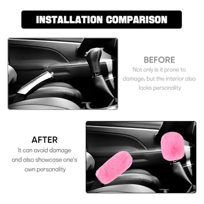 Hovom 2PCS Fluffy Car Gear Shift Knob Cover & Handbrake Cover, Soft Plush Hand Brake Handle & Gear Shift Cover for Women Girls, Universal Comfortable Warm Furry Car Accessories (Pink) - color: Pink