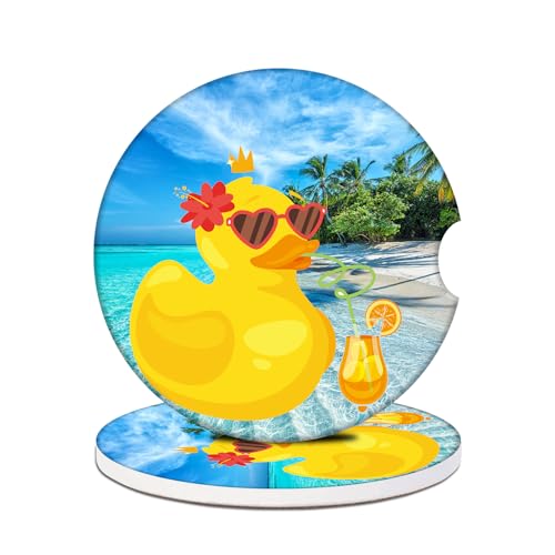2 Pack Car Cup Holder Coasters - Cute Duck Beach Absorbent Ceramic Coaster, Car Coasters for Cup Holders, Car Interior Accessories for Women Men - color: Palm Tree Beach