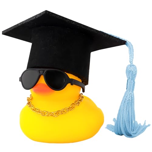 wonuu Car Dashboard Decor Graduation Hat Rubber Duck, Car Ducks Ornaments with Mini Hat Necklace Sunglasses Scarf (Light Blue) - color: Light Blue