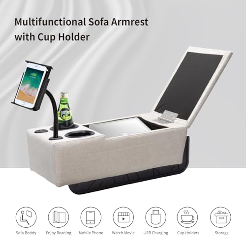 Removable Sofa Armrest, Dual Cup Holders Large Size Multifunctional Couch Caddy Storage Arm Rest with Power Wireless Charging Stand & LED Reading Light for Sofa Middle Seat Parts