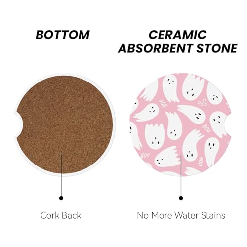 2-Pack Absorbent Car Coasters Pink Cute Ghost - Ceramic & Non-Scratch Cork Base Cup Holder Coasters Universal 2.56"