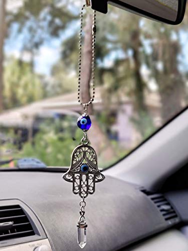LUCKBOOSTIUM Hamsa Hand Amulet - Evil Eye Car Hanging Ornament, Gemstone Rearview Mirror Charm, Protective Car Accessory for Luck, Energy & Positivity (2"x11", Quartz) - color: Transparent Crystal