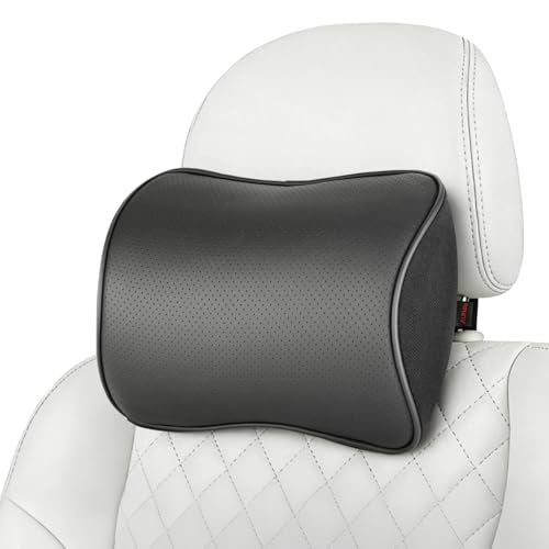 Aukee Car Headrest Pillow Memory Foam Car Neck Pillow with Adjustable Strap Soft Leather Headrest for Driving Home Office Black (1PC) - color: Black, size: Pack of 1