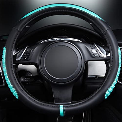 Flying Banner car Steering Wheel Cover Gel Massage Velvet Cool Warm Universal Size 15 inches SUV Truck Anti Slip Odorless Summer Winter (Black Mint Blue, Gel Massage) - color: Black Mint Blue