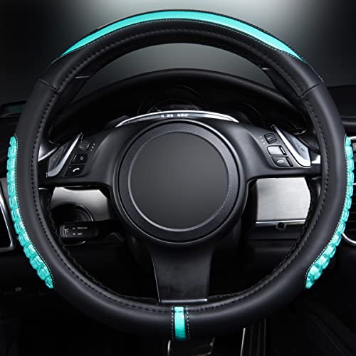 Flying Banner car Steering Wheel Cover Gel Massage Velvet Cool Warm Universal Size 15 inches SUV Truck Anti Slip Odorless Summer Winter (Black Mint Blue, Gel Massage) - color: Black Mint Blue