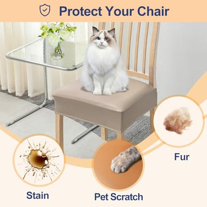 Smiry Waterproof Pu Leather Seat Covers for Dining Room Chairs Set of 4, Stretch Fit Removable Washable Kitchen Chair Seat Slipcovers Protector, No Rear Covers, Taupe
