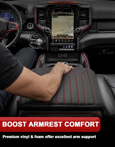 KBH Center Console Armrest Cover for 2019-2026 Dodge Ram 1500 2500 3500 5th Gen, Floor Console Bucket Seat, Arm Rest Cushion Pad Protector, Vinyl Leather, Black-Red Stitches - color: Black-Red Stitch