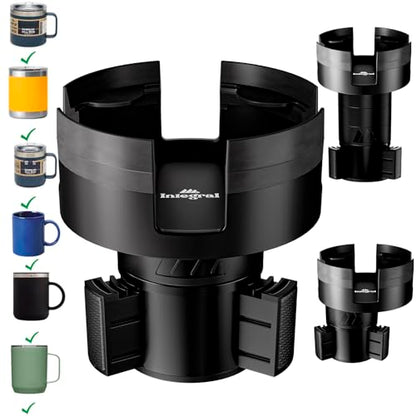Integral Expandable Mug Holder - YETI 14oz Rambler Cup Holder - Car Cup Holder Expander with Adjustable Base - Rubber Tabs Hold Most Coffee Mugs Ramblers 10oz