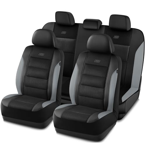 Skechers Aircooled & Memory Foam Seat Covers,Premium Leather with EVA Mesh Car Seat Covers,Seat Cover Full Sets,Airbag Compatible Automotive Comfort for Most Cars, Vans, Trucks, SUV,Grey - color: Black/Gray, size: Full Set