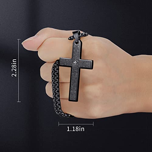 Pendant Cross for Car Rear View Mirror Necklace for Men Charm Car Mirror Hanging Accessories Ornament Stainless Steel Lord's Prayer Cross Necklace With Bible Verse (Black)