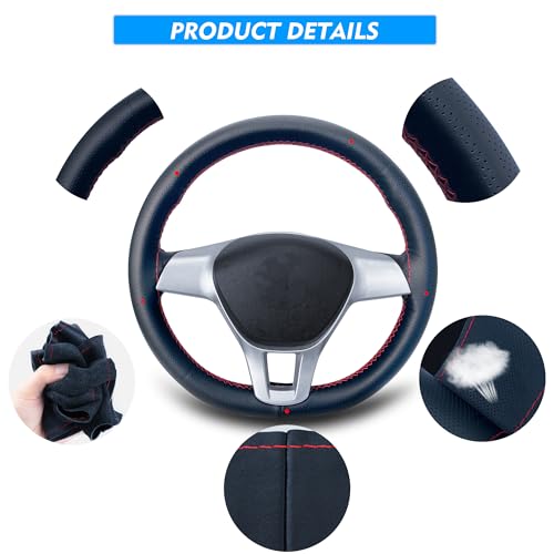 Carodi Leather Steering Wheel Cover, Breathable Non-Slip Design, Soft and Comfortable Feeling, Universal 15 Inch Auto Car Steering Wheel Stitch on Wrap（Size M, Black with red line） - color: Black with red line, size: M