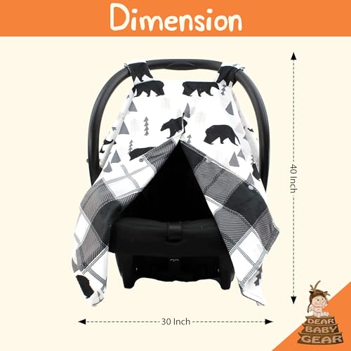 Dear Baby Gear Car Seat Cover for Infant, Newborn Carrier Canopy, Mother’s Day Gift for Moms, Baby Shower Blanket, Stroller & Nursing Cover w/ Snap Opening, 40x30in, Black & Grey Plaid Bears Design - color: Black Bears, Black and Gray Plaid Minky