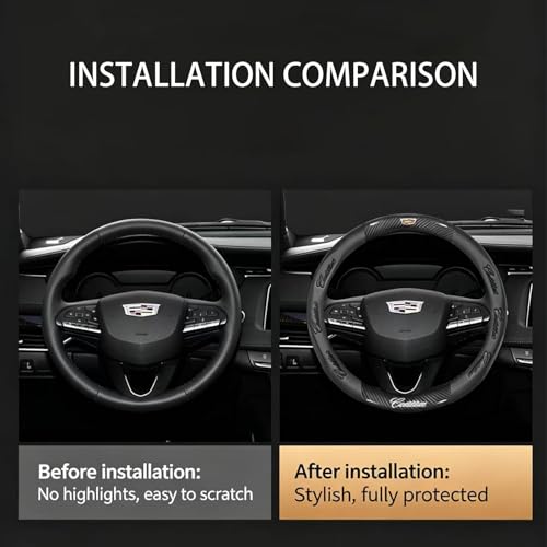 fir for Cadillac Steering Wheel Cover, Carbon Fiber Texture Nappa Leather,Custom Embossed Logo, Round Shape,Car Steering Wheel Protector Compatible with Cadillac Escalade XT4 XT5 XT6 Accessories