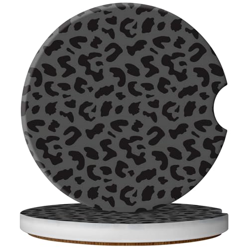 2 Pack Car Coasters for Cup Holders, Absorbent Ceramic Cup Coaster with Cork Base and Finger Notch, Cute Car Accessories Interior for Women Men (Leopard-Black) - color: Leopard-Black