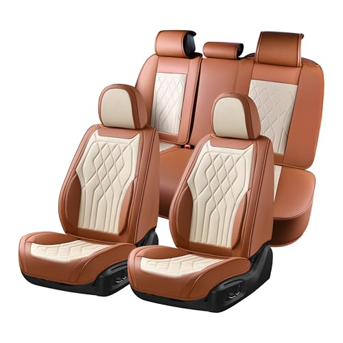 Leather Car Seat Cover 5 Pieces, Full Set Car Seat Covers, Automotive Seat Covers Protector Fit for Most Sedans SUV Pick-up Truck - Brown&Beige - color: Brown&Beige, size: Fullset