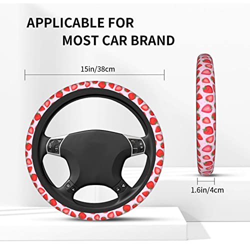 Cute Pink Strawberry Steering Wheel Cover for Women Men with 2 Pcs Car Coasters, Universal 14.5-15 Inch Rainbow Steering Wheel Covers Non-Slip Car Accessories for Girls - color: Starwbrry022