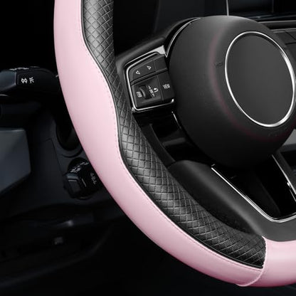 Soft Premium Leather Steering Wheel Cover, Breathable, Non-Slip Grip, Universal 15 Inch for Women Girls, Fit Vehicles, Sedans, SUVs, Vans, Trucks - Light Pink