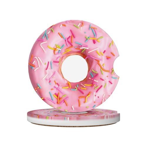 Colorful Donut Pink Car Cup Holder Coasters 2 Pack Universal 2.63 Inch Anti Slip Ceramic Absorbent Coaster with Cork Base and Finger Notch Cute Car Accessories Interior for Women